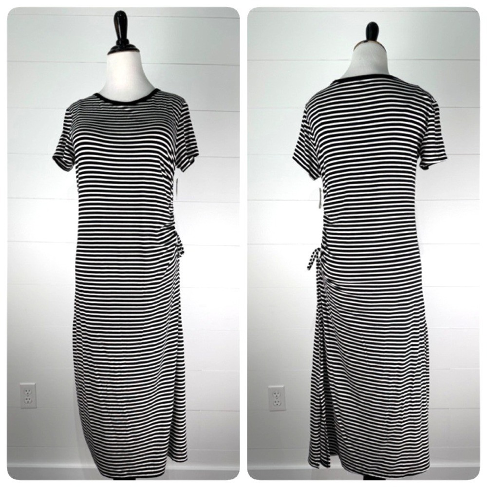 New Gap T Shirt Midi Dress Women M 8 10 Black White Stripe Ruched Side Tie Beach